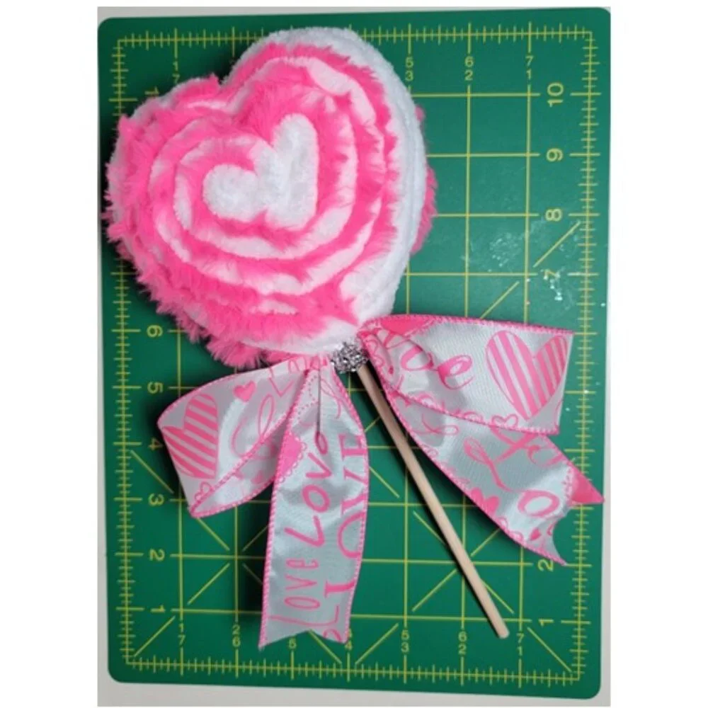 Velvety White Yarn & Pink Furry Yarn Heart Lollipop, Hand Crafted